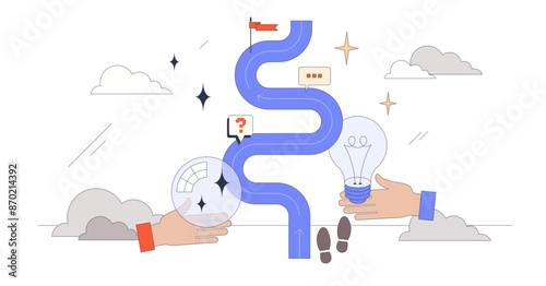 Intuition or future vision with predictions tiny person neubrutalism concept, transparent background. Business strategy planning and businessman ability to predict right decisions illustration.