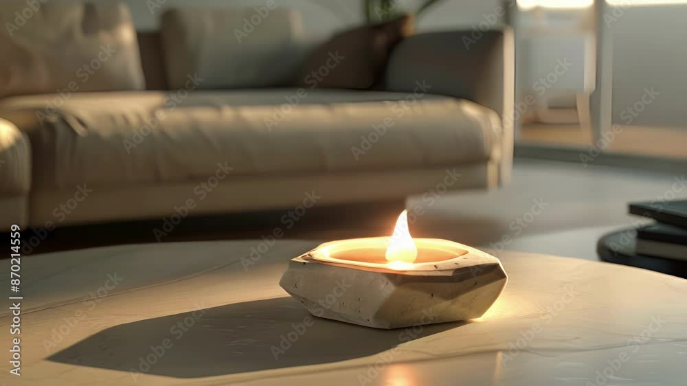 A single candle in the shape of an irregular hexagon making a statement piece on a minimalist coffee table.