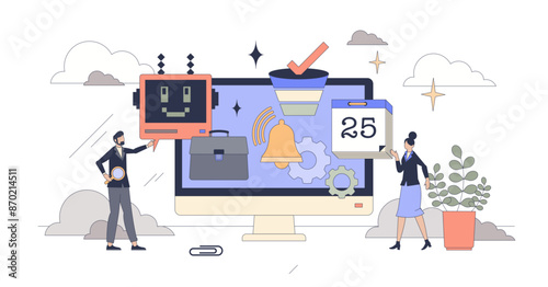 Talent acquisition automation using AI tiny person neubrutalism concept, transparent background. Human resources work optimization using artificial intelligence and filtering system.
