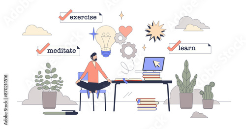 Self help awareness for mindfulness and mental care tiny person neubrutalism concept, transparent background. Exercise, meditate and learn as key factors.
