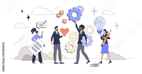 Team dynamics for business project agility tiny person neubrutalism concept, transparent background.Employee group work with innovative and creative solutions illustration.