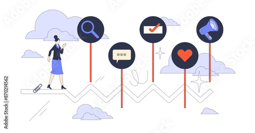 User journey mapping for software usage tiny person neubrutalism concept, transparent background. Application experience from customer feedback illustration.