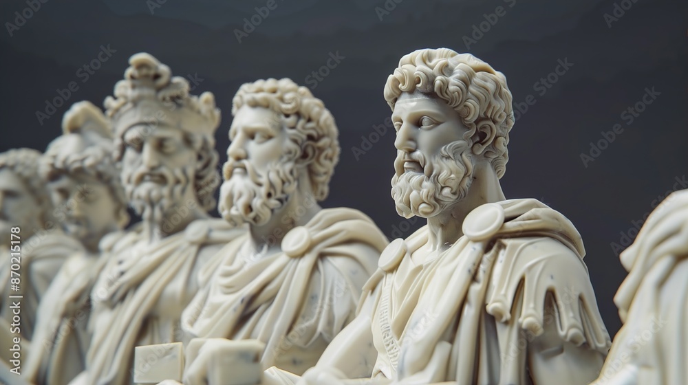 A group of marble statues representing the Twelve Olympian Gods of ancient Greece, each with distinct attributes and symbolism. A group of marble statues representing the Twelve Olympian Gods of ancient Greece, each with distinct attributes and symbolism.