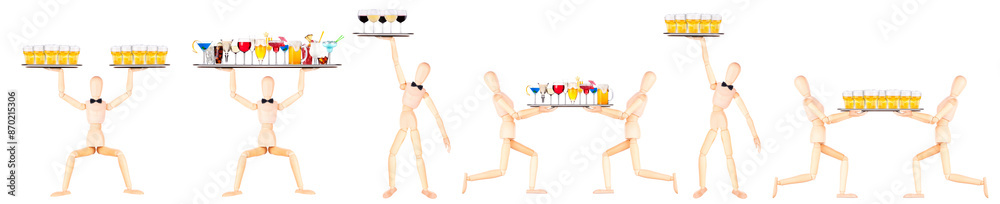 Assortment of wooden mannequins in different stances, isolated on white backdrop Assortment of wooden mannequins in different stances, isolated on white backdrop