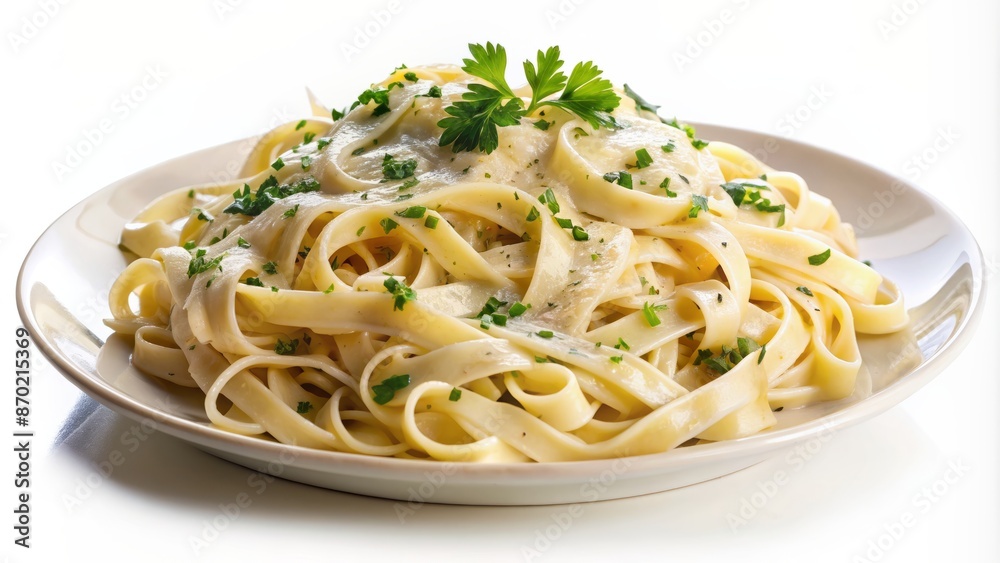Delicious, rich, and creamy fettuccine alfredo pasta dish smothered in parmesan cheese, perfectly arranged on a pristine white background. Delicious, rich, and creamy fettuccine alfredo pasta dish smothered in parmesan cheese, perfectly arranged on a pristine white background.