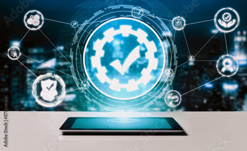 Quality Assurance and Quality Control Concept - Modern graphic interface showing certified standard process, product warranty and quality improvement technology for satisfaction of customer. uds photo