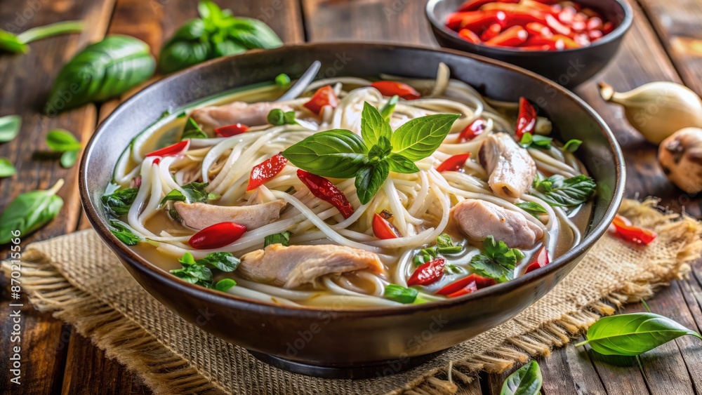 A Delicious Bowl Of Pho, A Vietnamese Noodle Soup With Chicken, Vegetables, And Herbs. A Delicious Bowl Of Pho, A Vietnamese Noodle Soup With Chicken, Vegetables, And Herbs.