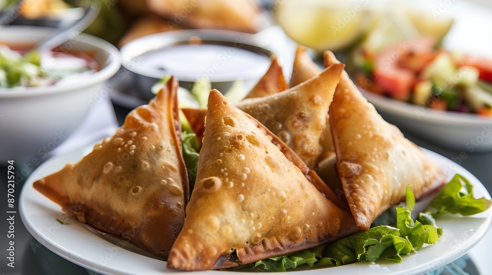 Close-up of freshly fried samosas on a plate with sauces highlighting tasty Indian snacks and appetizers