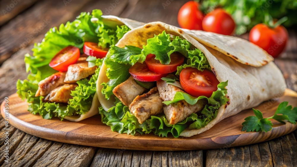 Fresh And Delicious Chicken Wrap With Lettuce And Tomatoes. Perfect For A Quick And Easy Lunch Or Dinner. Fresh And Delicious Chicken Wrap With Lettuce And Tomatoes. Perfect For A Quick And Easy Lunch Or Dinner.