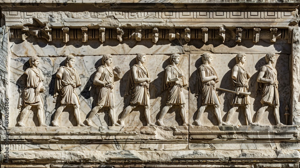Fototapeta premium A marble relief depicting a procession of figures from ancient Greek mythology, captured in a narrative sequence of heroic deeds.