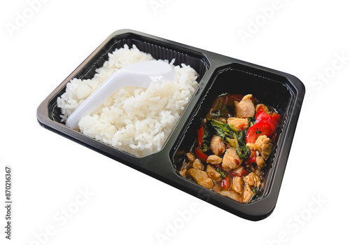 Stir-fried chicken with basil rice box, isolated background