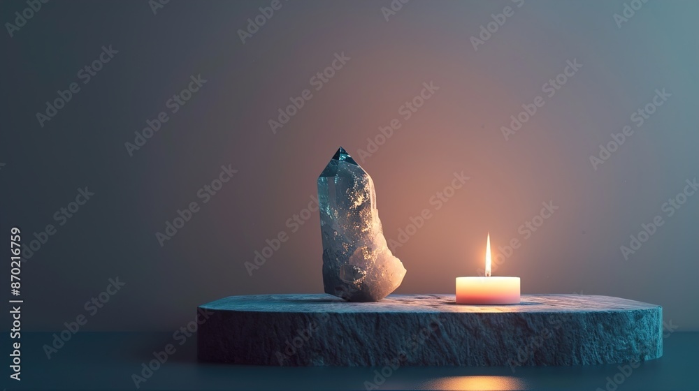 A minimalist altar with a single crystal and a candle on a solid background, representing manifestation.