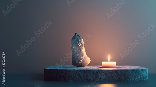 Obraz na płótnie A minimalist altar with a single crystal and a candle on a solid background, representing manifestation. w salonie