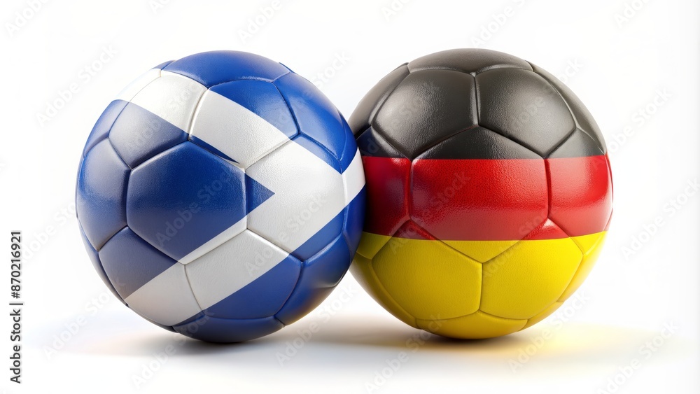 White background features Bavarian red and black leathered soccer ball alongside Scotland's Saint Andrew's Cross emblazoned ball. White background features Bavarian red and black leathered soccer ball alongside Scotland's Saint Andrew's Cross emblazoned ball.