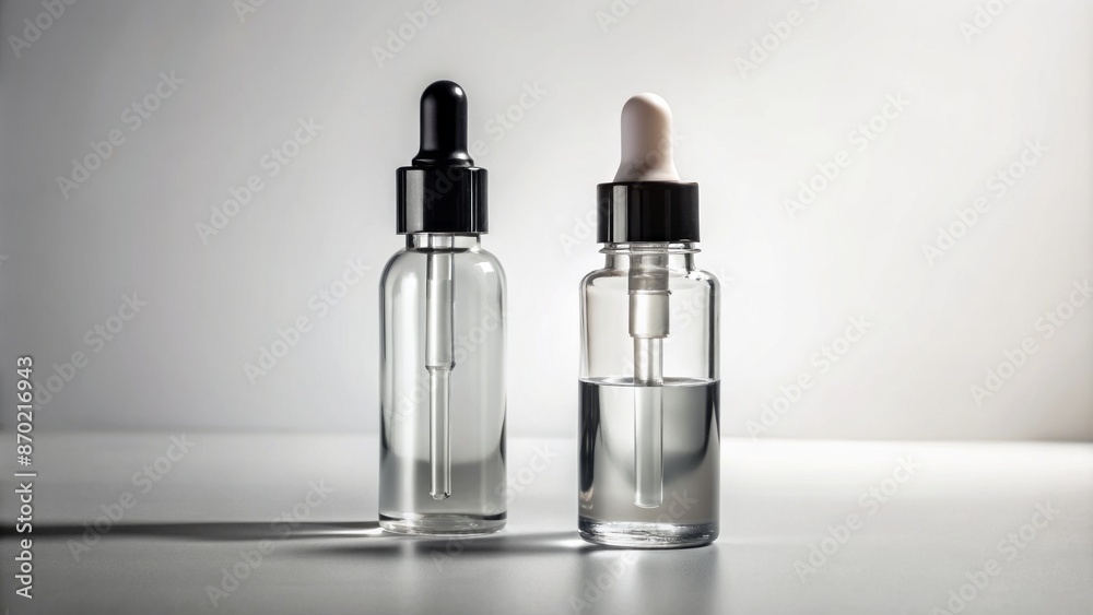 Sleek minimalist arrangement of two vials with dropper caps on a light background next to a cosmetic bottle silhouette. Sleek minimalist arrangement of two vials with dropper caps on a light background next to a cosmetic bottle silhouette.