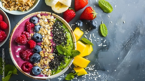Vibrant Smoothie Bowl with Fresh Tropical Toppings for a Healthy Breakfast or Snack © thanarak