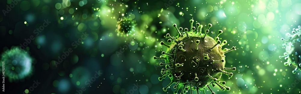 Close-up view of a virus particle in a green background, highlighting ...