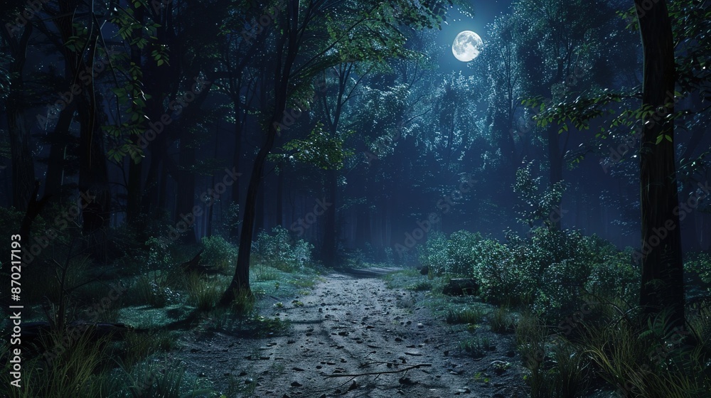 Fototapeta premium A moonlit path through a forest, casting shadows on the ground.