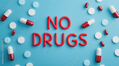 Text no drugs with scattered pills on a blue background, representing the fight against drug abuse and the importance of drug awareness