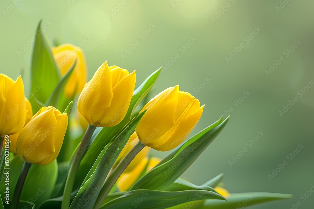 Obraz premium Beautiful yellow tulip flowers with green leaves on a green background, in a macro photography close-up focused style, with a blurred effect, depicting a natural concept.