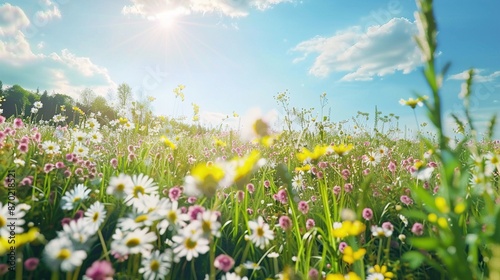 A picturesque meadow with wildflowers in full bloom, under a bright, clear sky.