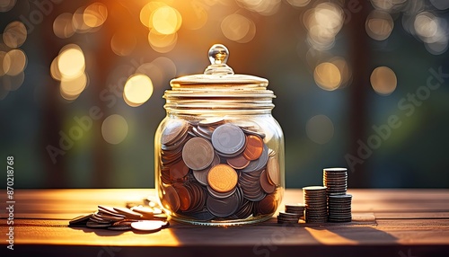 Golden Hour Treasure: Jar Overflowing with Coins photo