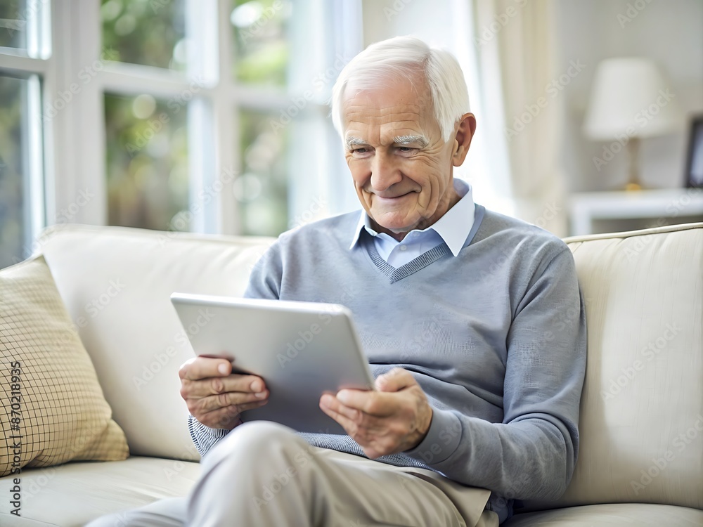Fototapeta premium Senior Man Relaxing On Sofa Using Tablet.