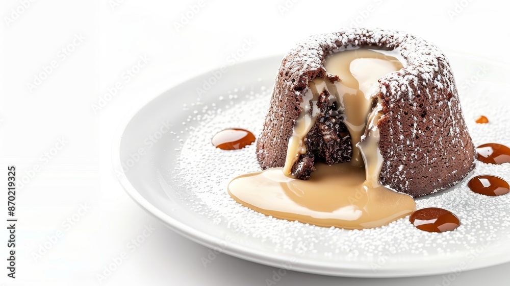 Chocolate lava cake with caramel sauce oozing, dusted with icing, isolated on a clean background, studio lighting, high clarity and quality, perfect for advertising Chocolate lava cake with caramel sauce oozing, dusted with icing, isolated on a clean background, studio lighting, high clarity and quality, perfect for advertising