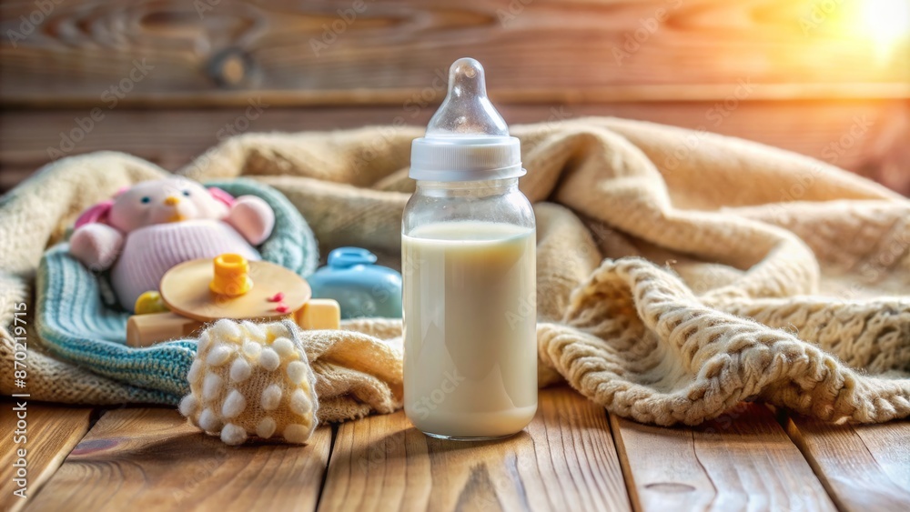 a half-empty clear bottle with milk, a soft blanket, and few toys nearby.