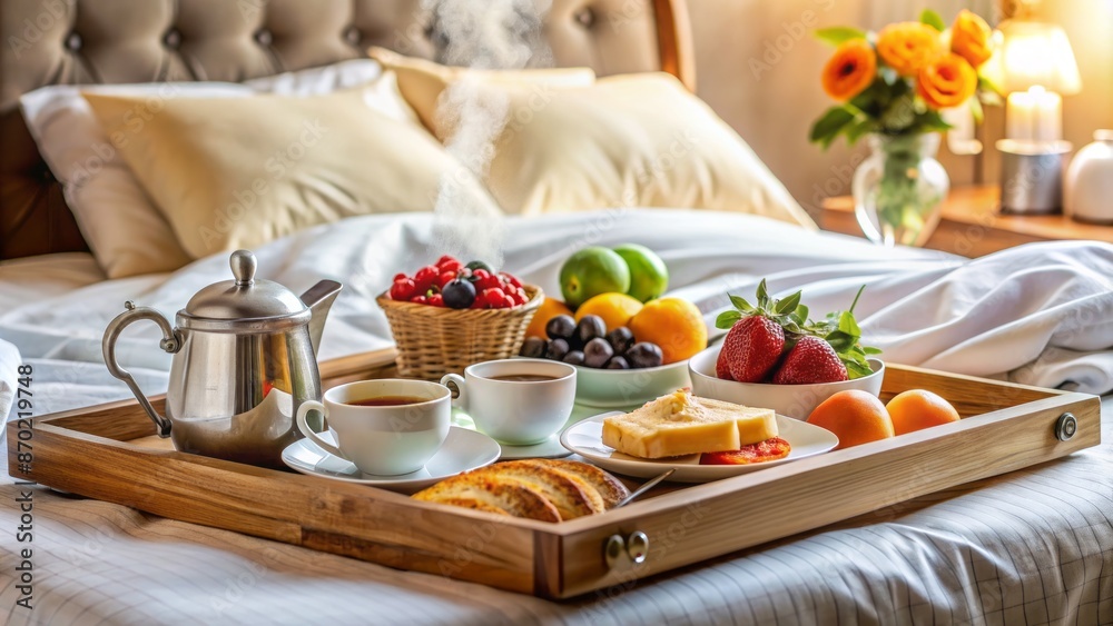 A beautifully arranged breakfast tray on a plush bed, adorned with an assortment of fresh fruits and steaming hot beverages. A beautifully arranged breakfast tray on a plush bed, adorned with an assortment of fresh fruits and steaming hot beverages.
