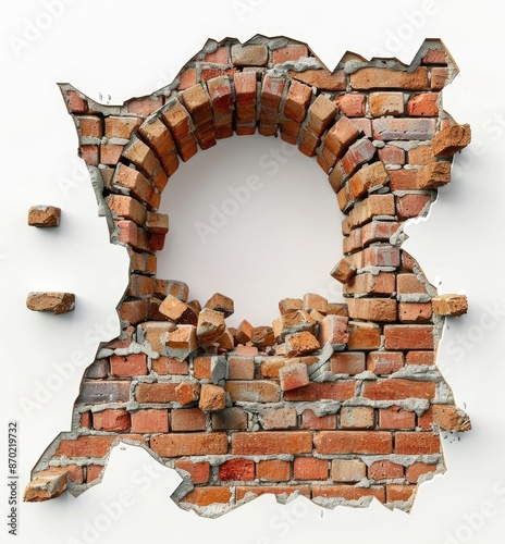 3d hole in brick wall with white background inside bricks falling down photo