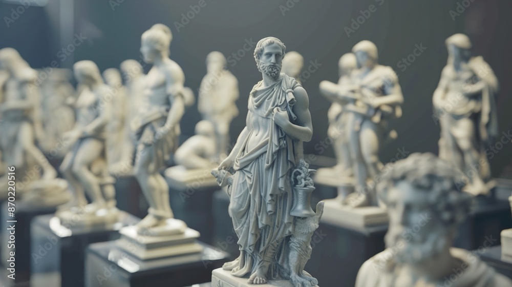A series of small marble statues portraying various Greek deities, arranged in a museum-like display.