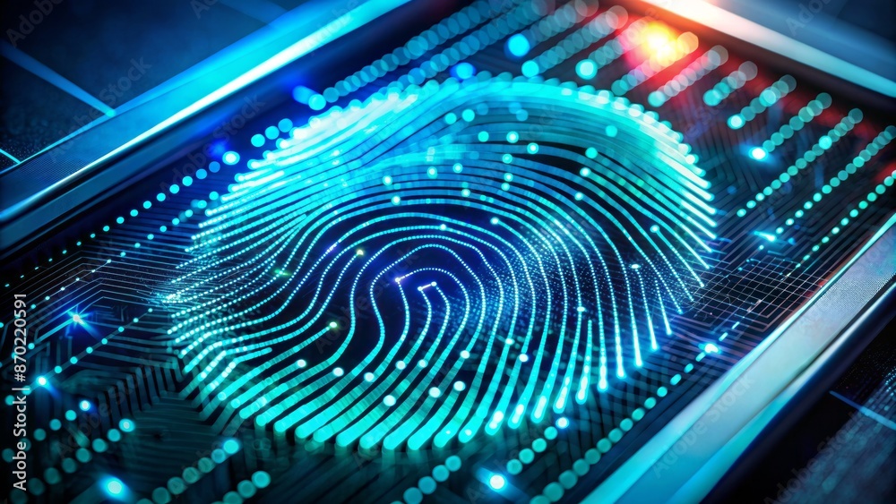 A macro close-up shot of a shiny metallic fingerprint scanner with a detailed fingerprint pattern on the screen background. A macro close-up shot of a shiny metallic fingerprint scanner with a detailed fingerprint pattern on the screen background.