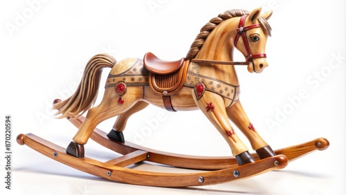Traditional vintage wooden rocking horse with intricately carved details and gentle smile, isolated on a pure white background, exuding nostalgia.