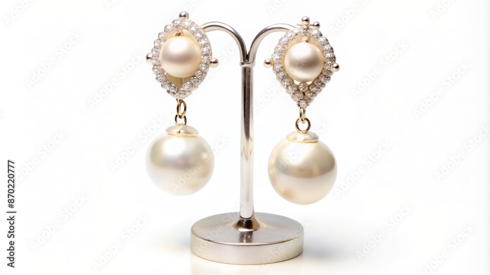 Close-up of elegant pearl earrings adornment on a mannequin ear, showcasing sophisticated women's accessory on isolated white background. Close-up of elegant pearl earrings adornment on a mannequin ear, showcasing sophisticated women's accessory on isolated white background.
