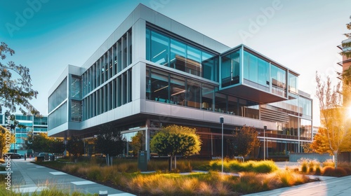 The office building has a modern exterior with glass facades and is surrounded by autumn trees along the pathway AIG59 photo