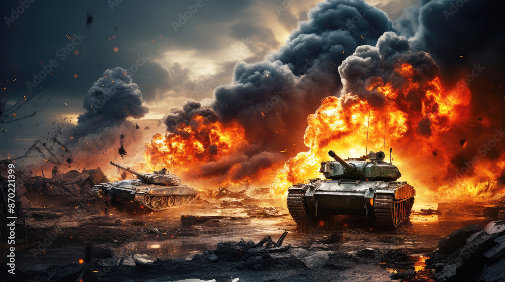generated illustration of Armored tank shooting of a battle field in a war. generated illustration of Armored tank shooting of a battle field in a war.