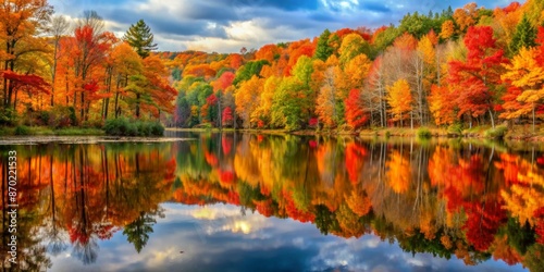 Scenic autumn landscape with vibrant foliage reflected in a calm lake, creating a colorful and serene scene.