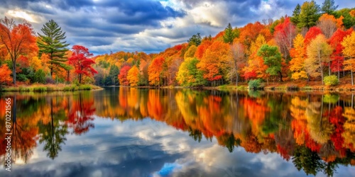  Beautiful autumn lake with vibrant foliage reflected in the water, creating a colorful and serene landscape.