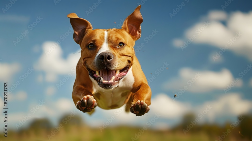 Funny amstaff dog with crazy eyes flying in the air. Funny amstaff dog with crazy eyes flying in the air.