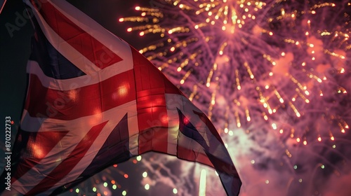 Fireworks display with the Union Jack flag in the foreground, celebrating British holidays.