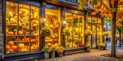 Beautiful storefront with autumn decorations, warm lighting, and pumpkins, creating a cozy and inviting atmosphere. © milanchikov