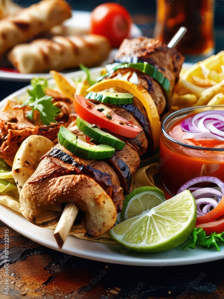 Grilled Mushroom Skewers with Vegetables and Dip. Grilled Mushroom Skewers with Vegetables and Dip.