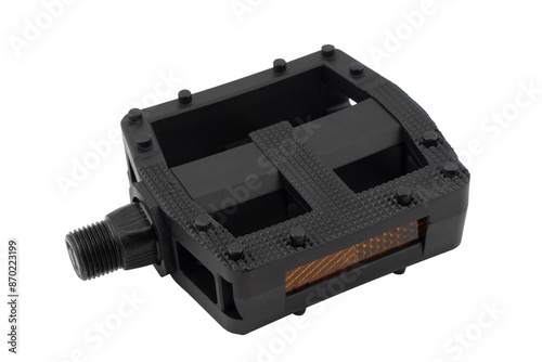Black bicycle pedal isolated on white background. Detail of bicycle pedal