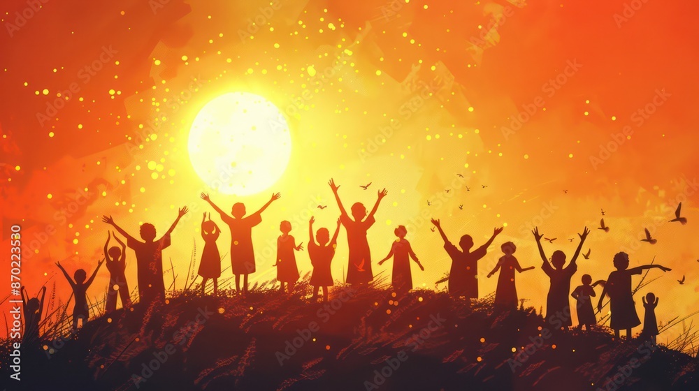 Silhouette of Stick Characters Celebrating and Cheering Silhouette of Stick Characters Celebrating and Cheering