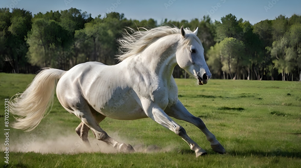 In the expansive green pasture, a magnificent white stallion gallops freely, its mane flowing like a banner of freedom in the wind. In the expansive green pasture, a magnificent white stallion gallops freely, its mane flowing like a banner of freedom in the wind.