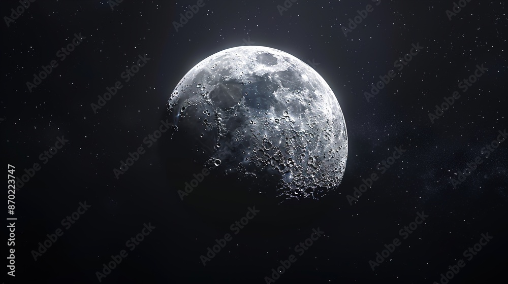 Obraz premium The moon seen through a telescope, with a solid black background.