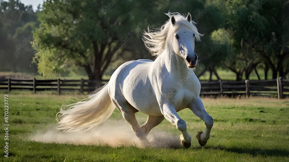 In the expansive green pasture, a magnificent white stallion gallops freely, its mane flowing like a banner of freedom in the wind. In the expansive green pasture, a magnificent white stallion gallops freely, its mane flowing like a banner of freedom in the wind.
