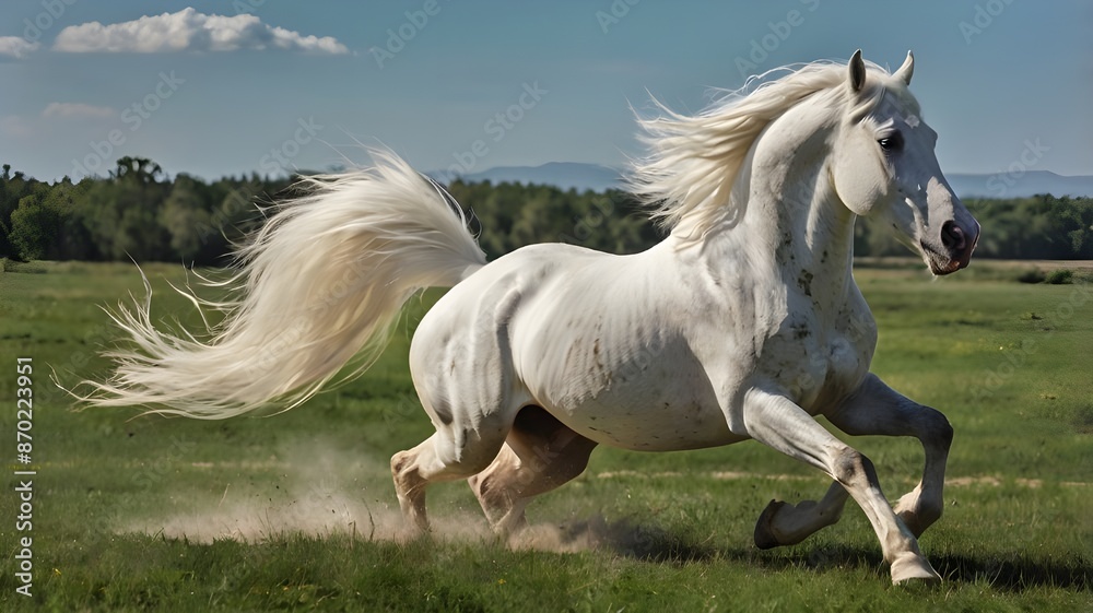 In the expansive green pasture, a magnificent white stallion gallops freely, its mane flowing like a banner of freedom in the wind. In the expansive green pasture, a magnificent white stallion gallops freely, its mane flowing like a banner of freedom in the wind.
