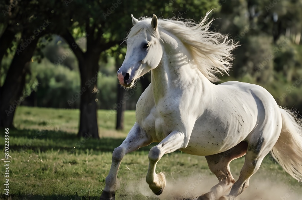 In the expansive green pasture, a magnificent white stallion gallops freely, its mane flowing like a banner of freedom in the wind. In the expansive green pasture, a magnificent white stallion gallops freely, its mane flowing like a banner of freedom in the wind.